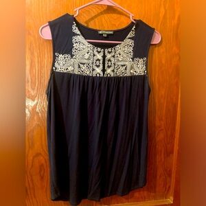 Navy dress tank with white embroidery.